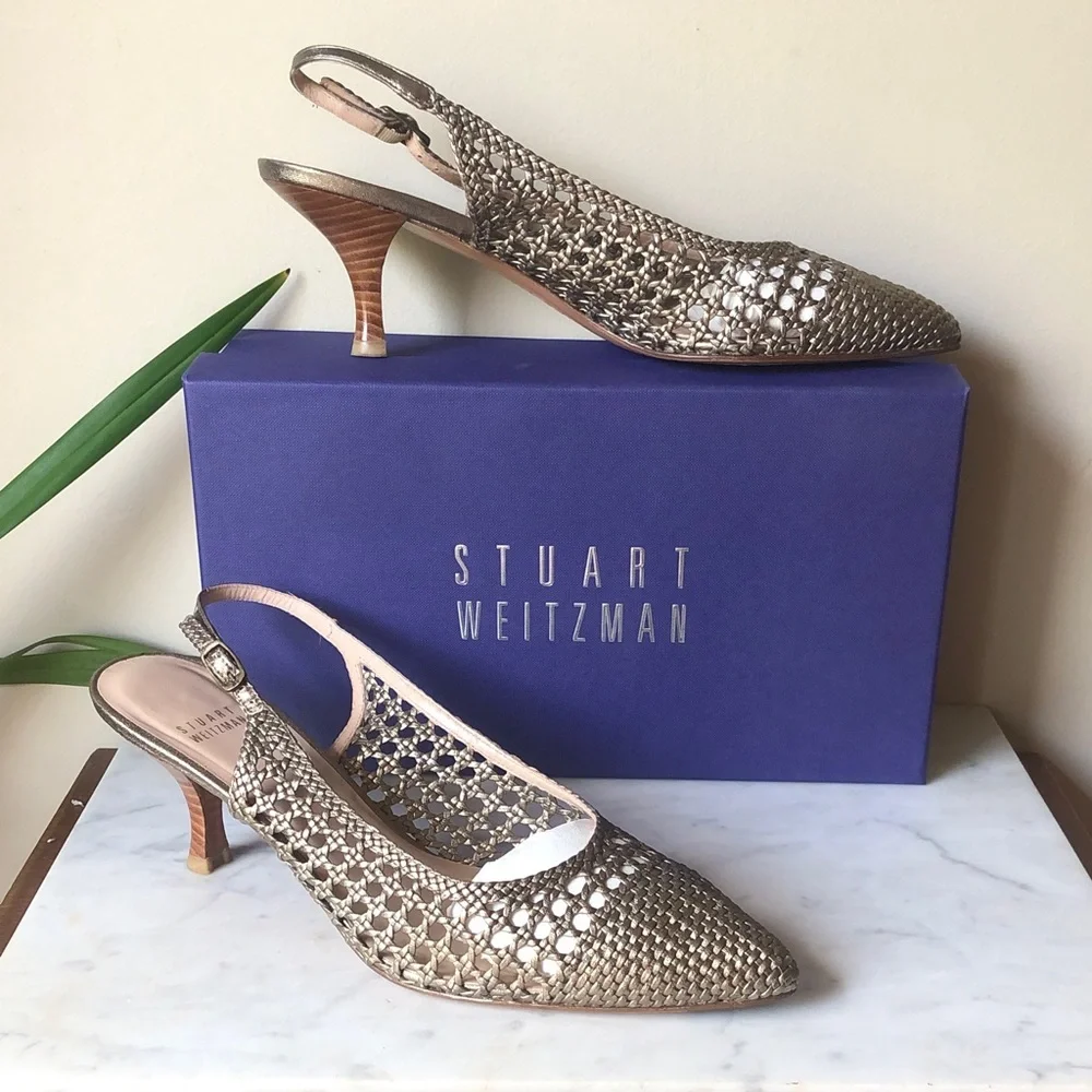 Stuart Weitzman Metallic Woven Slingback Kitten Heels in Gold